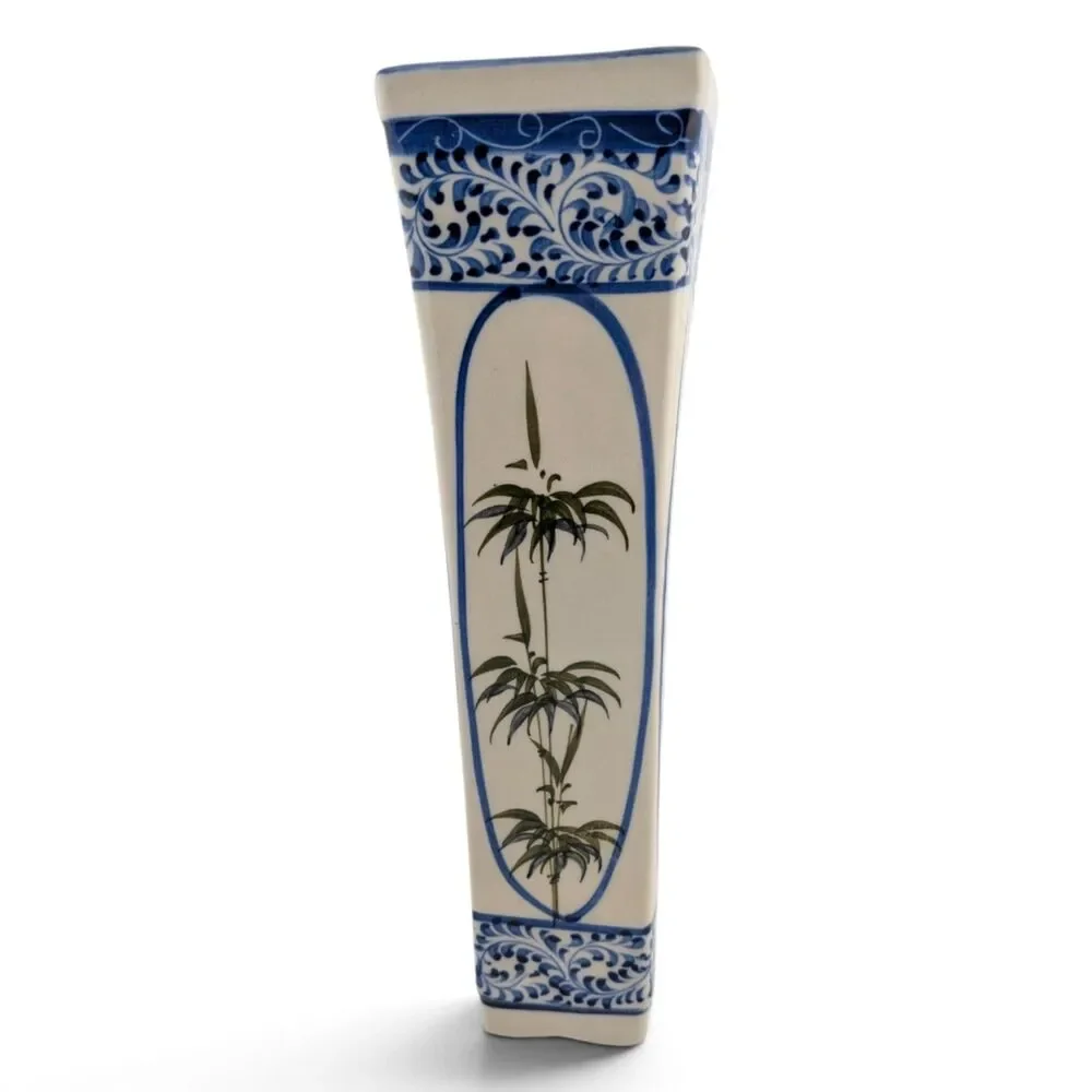 Tall Square Ceramic Vase Blue White Asian Style Bamboo Botanical 11 1/8